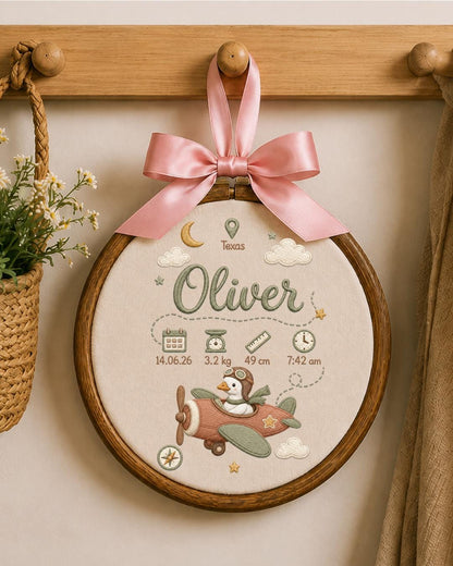 Personalized Embroidered Birth Stats Ornament, Custom Baby Name Goose Airplane Hoop, Adventure Nursery Decor, Newborn Keepsake Gift