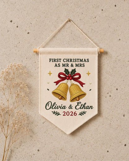 Personalized First Christmas As Mr and Mrs Wall Hanging, Custom Embroidered Couple Banner, Newlywed Christmas Gift, Wedding Keepsake