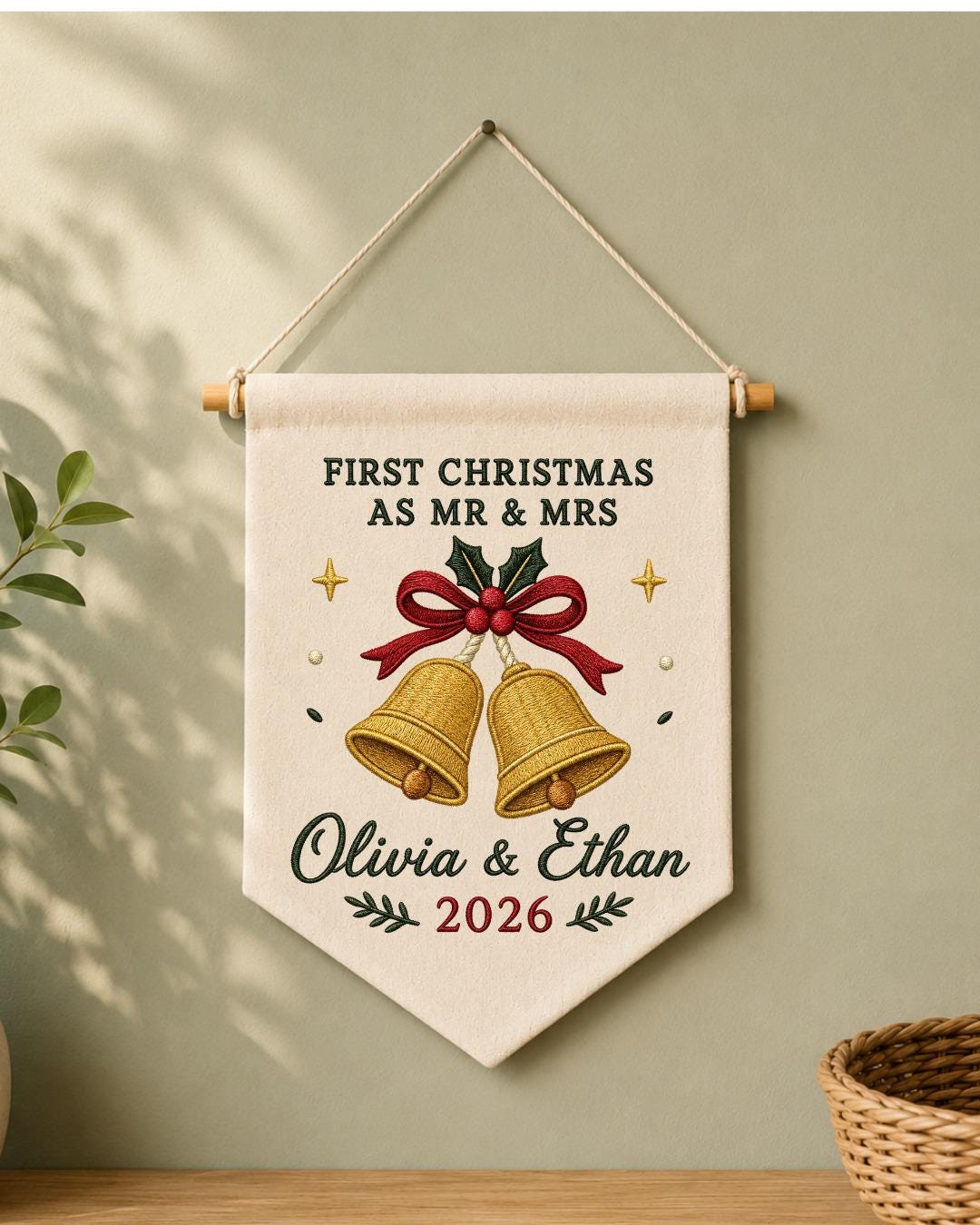 Personalized First Christmas As Mr and Mrs Wall Hanging, Custom Embroidered Couple Banner, Newlywed Christmas Gift, Wedding Keepsake