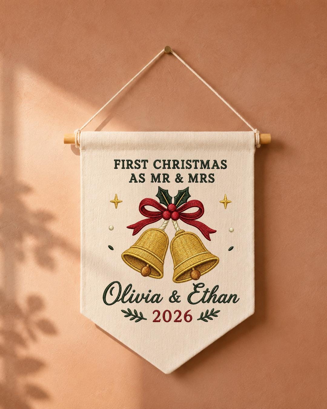 Personalized First Christmas As Mr and Mrs Wall Hanging, Custom Embroidered Couple Banner, Newlywed Christmas Gift, Wedding Keepsake