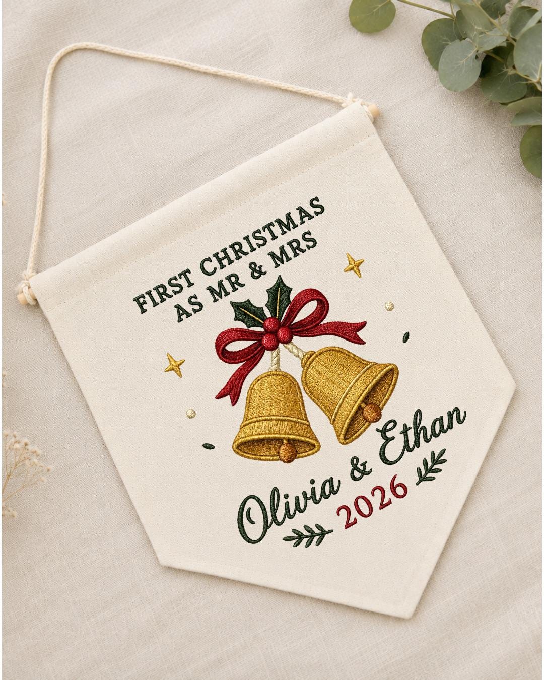 Personalized First Christmas As Mr and Mrs Wall Hanging, Custom Embroidered Couple Banner, Newlywed Christmas Gift, Wedding Keepsake