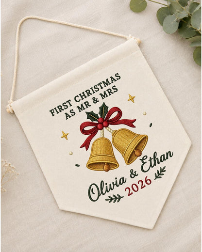Personalized First Christmas As Mr and Mrs Wall Hanging, Custom Embroidered Couple Banner, Newlywed Christmas Gift, Wedding Keepsake