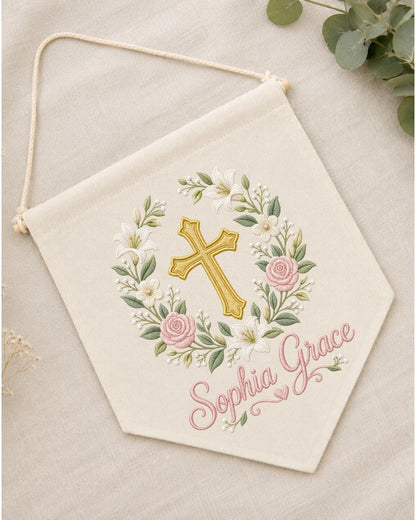 Personalized Christian Cross Wall Hanging, Custom Name Embroidered Baptism Banner, Floral Nursery Decor, Christening Gift for Baby Girl