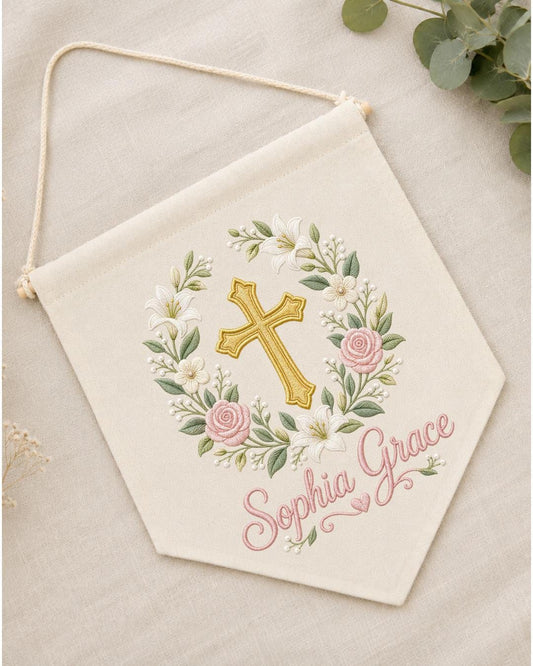 Personalized Christian Cross Wall Hanging, Custom Name Embroidered Baptism Banner, Floral Nursery Decor, Christening Gift for Baby Girl