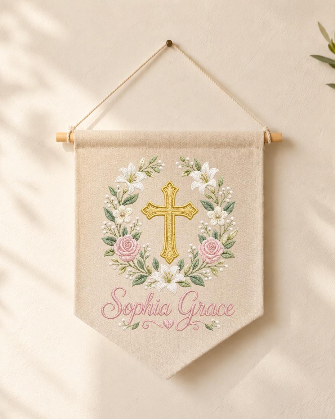 Personalized Christian Cross Wall Hanging, Custom Name Embroidered Baptism Banner, Floral Nursery Decor, Christening Gift for Baby Girl