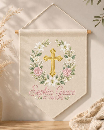 Personalized Christian Cross Wall Hanging, Custom Name Embroidered Baptism Banner, Floral Nursery Decor, Christening Gift for Baby Girl