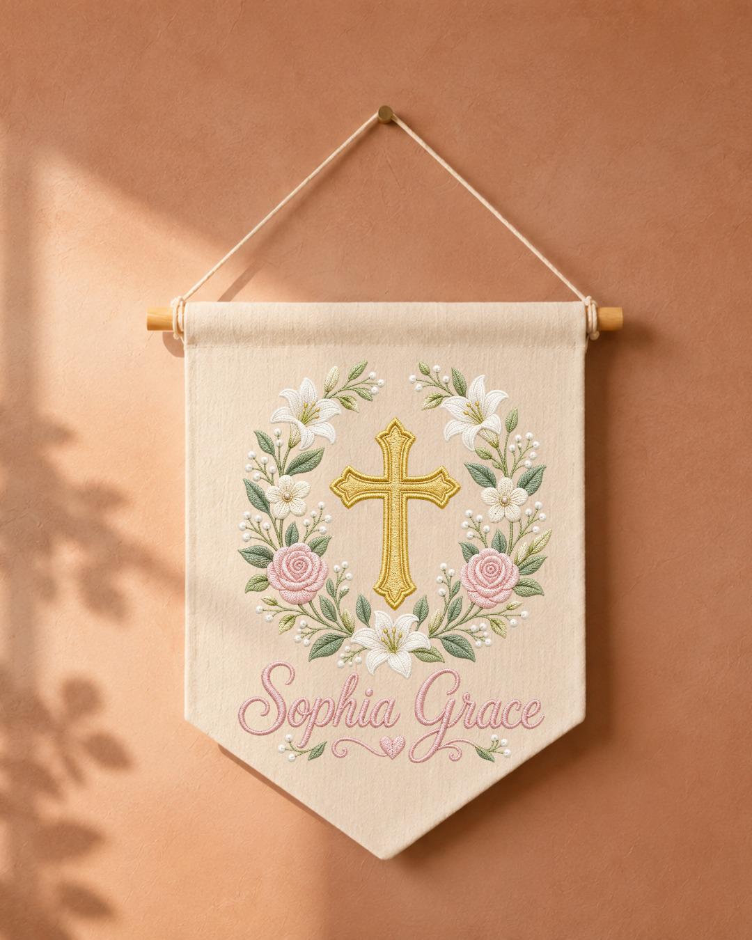Personalized Christian Cross Wall Hanging, Custom Name Embroidered Baptism Banner, Floral Nursery Decor, Christening Gift for Baby Girl