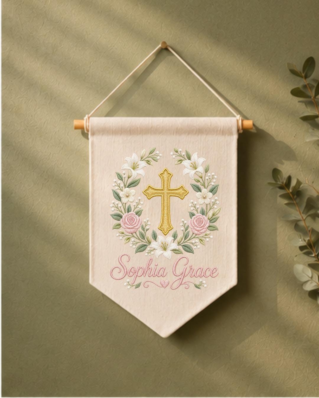 Personalized Christian Cross Wall Hanging, Custom Name Embroidered Baptism Banner, Floral Nursery Decor, Christening Gift for Baby Girl