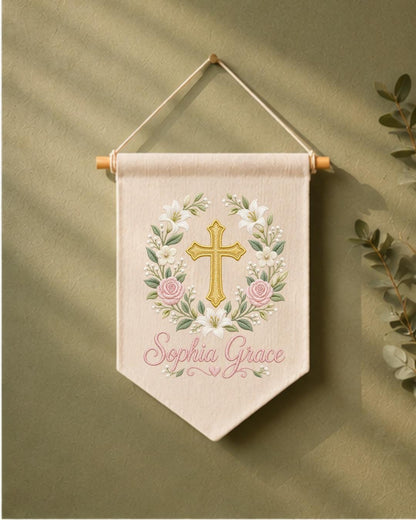 Personalized Christian Cross Wall Hanging, Custom Name Embroidered Baptism Banner, Floral Nursery Decor, Christening Gift for Baby Girl