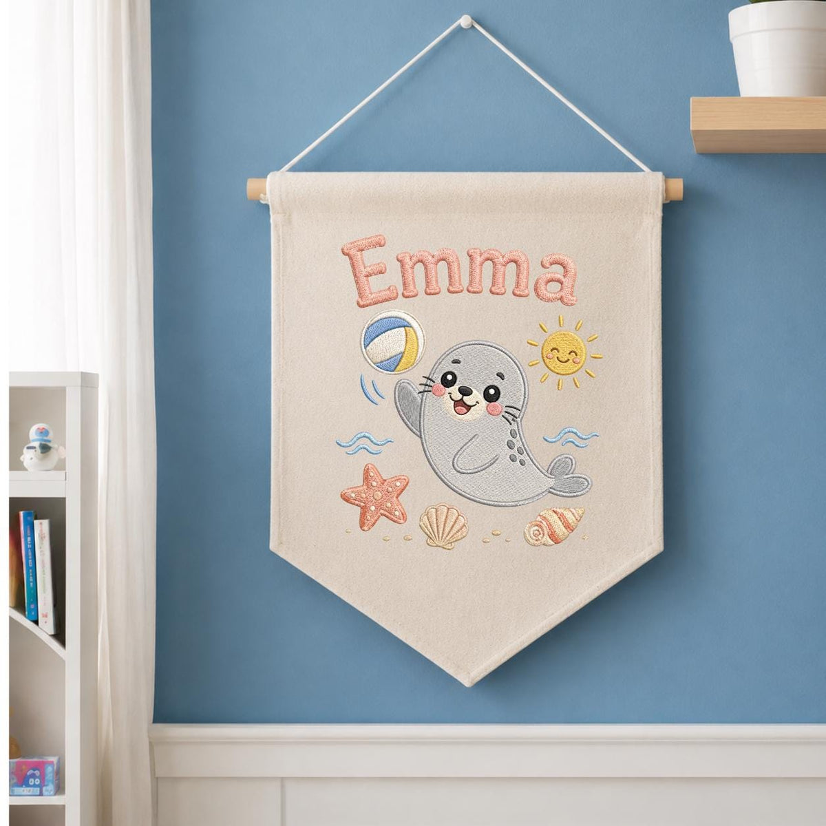 Personalized Embroidered Seal Nursery Banner, Custom Name Beach Wall Art