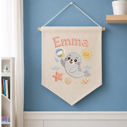Personalized Embroidered Seal Nursery Banner, Custom Name Beach Wall Art
