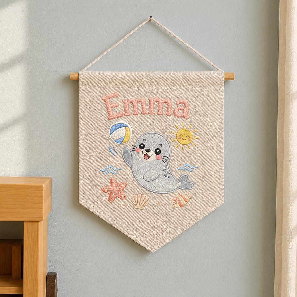 Personalized Embroidered Seal Nursery Banner, Custom Name Beach Wall Art