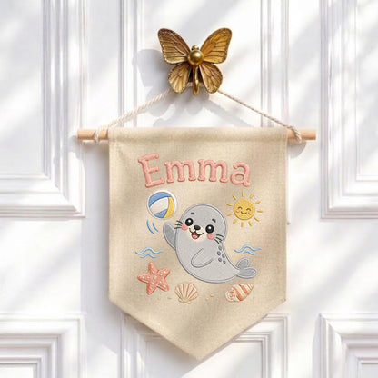 Personalized Embroidered Seal Nursery Banner, Custom Name Beach Wall Art