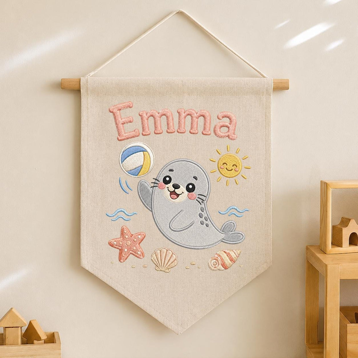 Personalized Embroidered Seal Nursery Banner, Custom Name Beach Wall Art