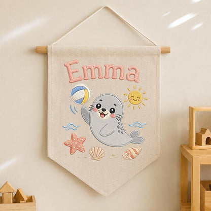 Personalized Embroidered Seal Nursery Banner, Custom Name Beach Wall Art