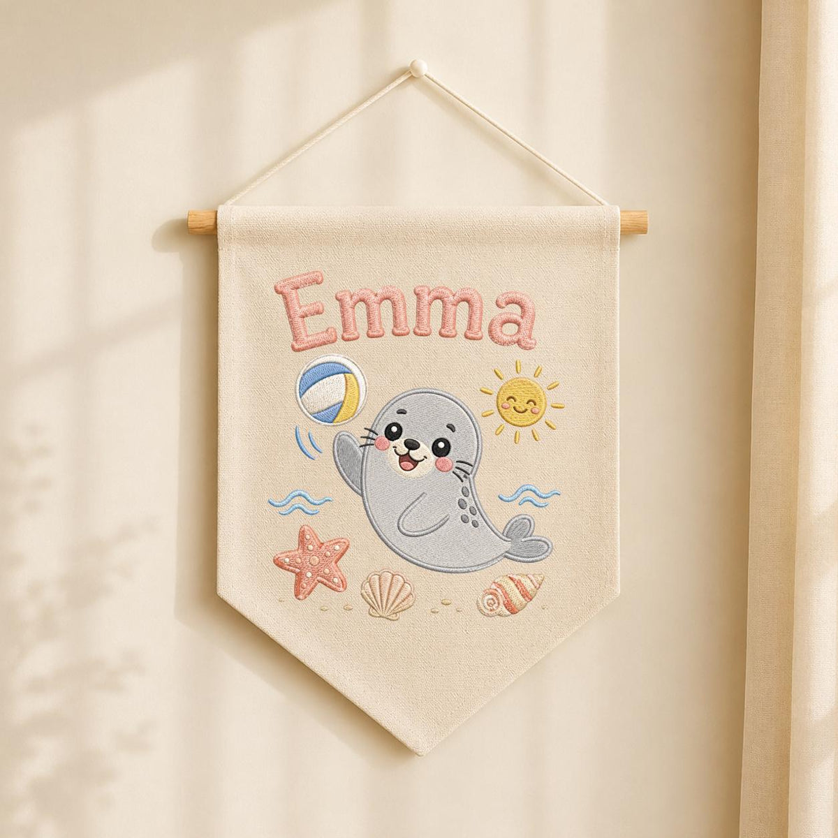 Personalized Embroidered Seal Nursery Banner, Custom Name Beach Wall Art