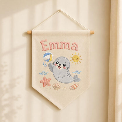 Personalized Embroidered Seal Nursery Banner, Custom Name Beach Wall Art