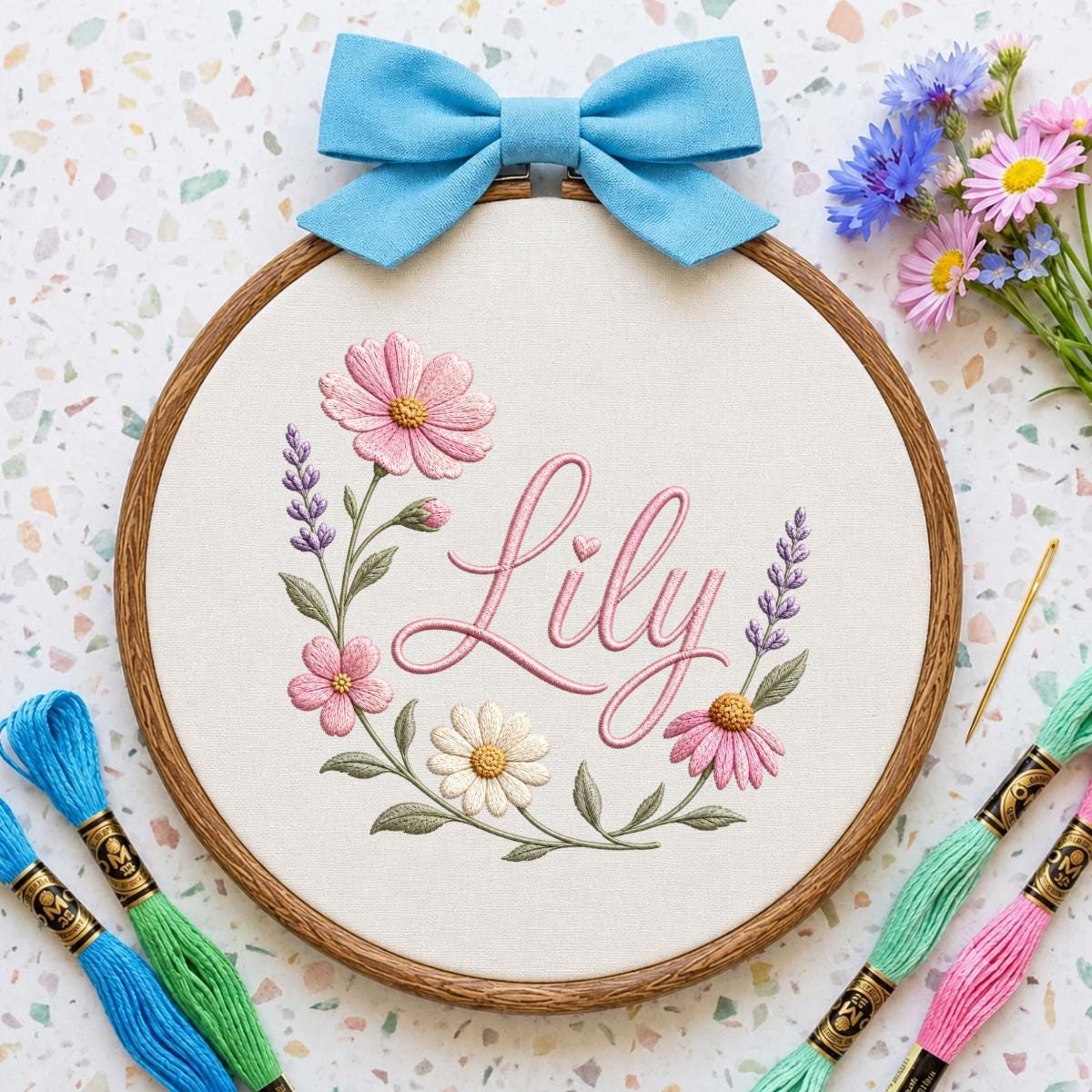 Personalized Embroidered Floral Hoop Art, Custom Name Nursery Decor