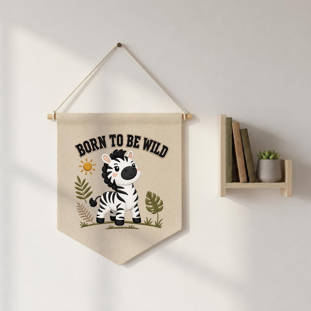 Embroidered Safari Zebra Canvas Pennant Banner, Nursery Wall Hanging Sign