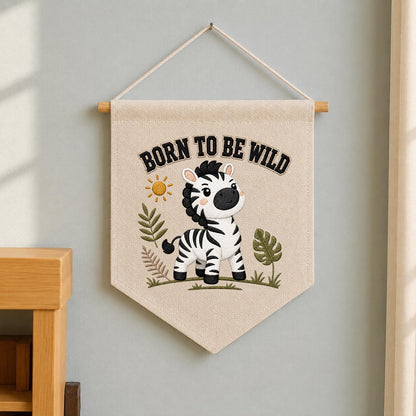 Embroidered Safari Zebra Canvas Pennant Banner, Nursery Wall Hanging Sign