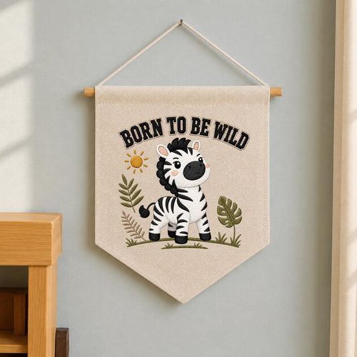 Embroidered Safari Zebra Canvas Pennant Banner, Nursery Wall Hanging Sign