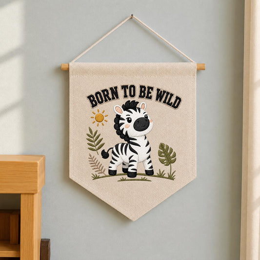 Embroidered Safari Zebra Canvas Pennant Banner, Nursery Wall Hanging Sign