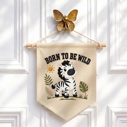 Embroidered Safari Zebra Canvas Pennant Banner, Nursery Wall Hanging Sign
