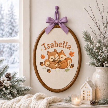 Personalized Squirrel Embroidered Hoop Art, Autumn Nursery Decor, Isabella Baby Gift Sign