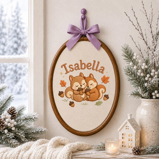 Personalized Squirrel Embroidered Hoop Art, Autumn Nursery Decor, Isabella Baby Gift Sign