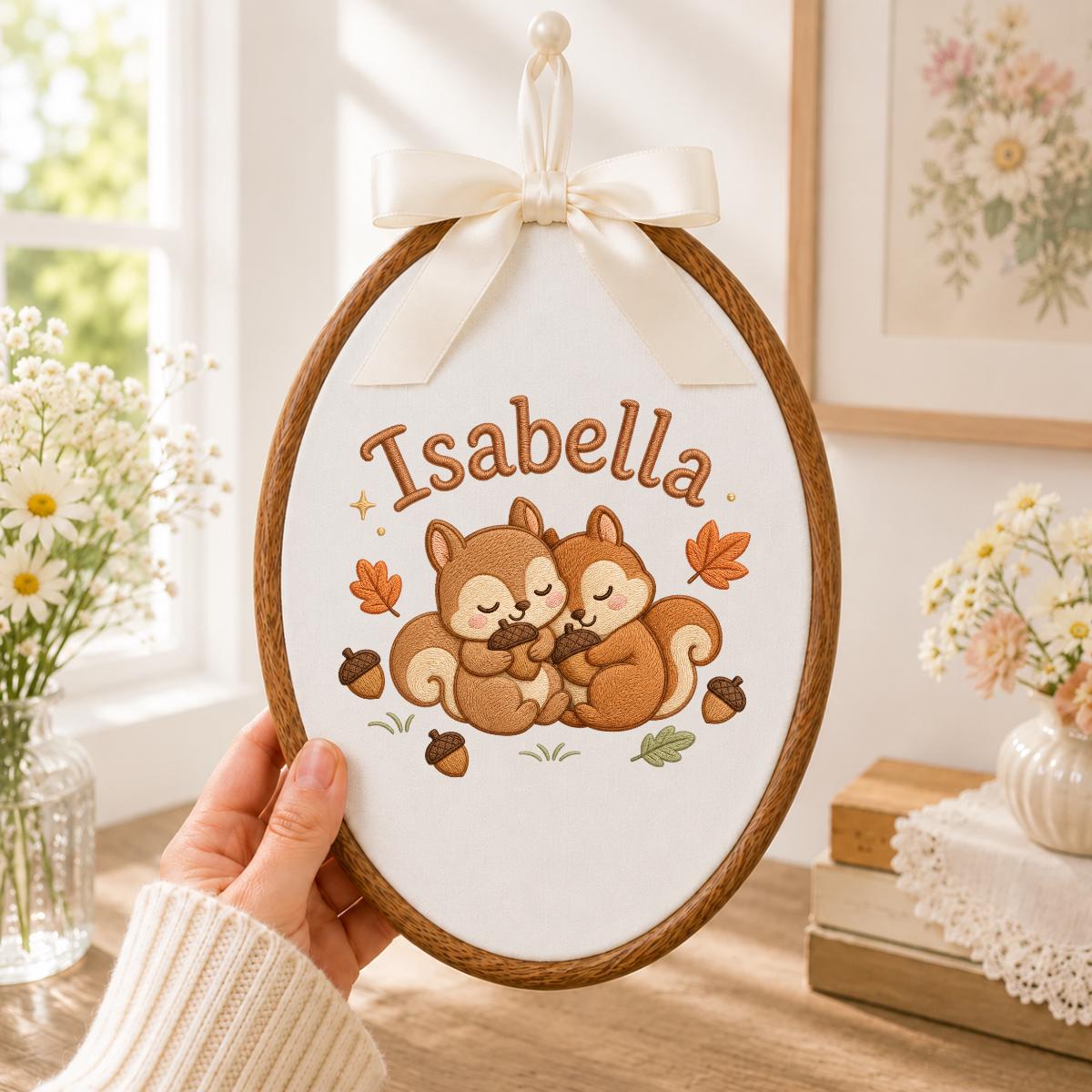 Personalized Squirrel Embroidered Hoop Art, Autumn Nursery Decor, Isabella Baby Gift Sign