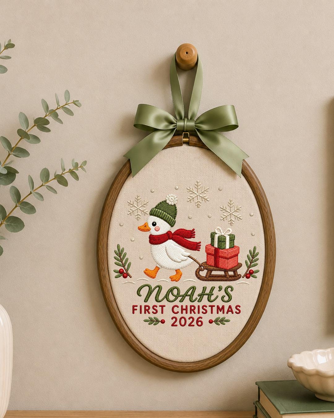 Personalized Embroidered First Christmas Ornament, Custom Baby Name Goose Hoop, Baby’s First Christmas 2026 Keepsake, Holiday Decor