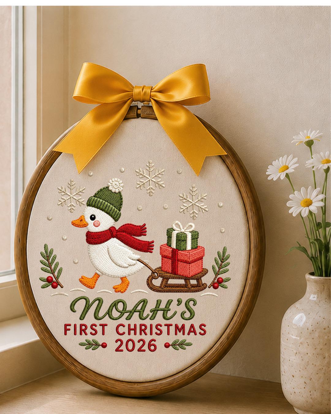 Personalized Embroidered First Christmas Ornament, Custom Baby Name Goose Hoop, Baby’s First Christmas 2026 Keepsake, Holiday Decor
