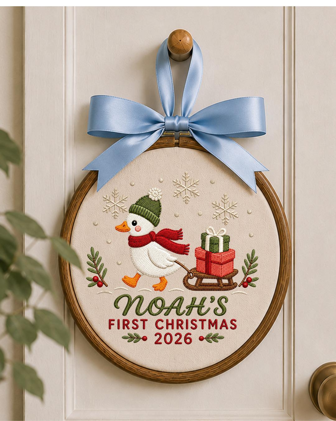 Personalized Embroidered First Christmas Ornament, Custom Baby Name Goose Hoop, Baby’s First Christmas 2026 Keepsake, Holiday Decor