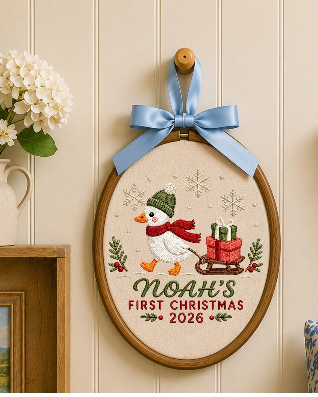 Personalized Embroidered First Christmas Ornament, Custom Baby Name Goose Hoop, Baby’s First Christmas 2026 Keepsake, Holiday Decor