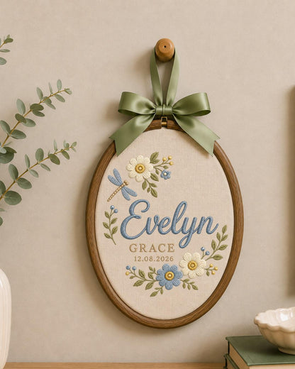 Personalized Embroidered Name Ornament, Custom Baby Name and Date Hoop, Floral Nursery Wall Decor, Dragonfly Newborn Keepsake Gift
