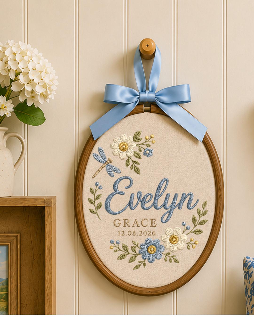 Personalized Embroidered Name Ornament, Custom Baby Name and Date Hoop, Floral Nursery Wall Decor, Dragonfly Newborn Keepsake Gift