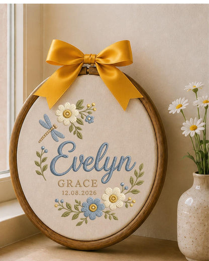 Personalized Embroidered Name Ornament, Custom Baby Name and Date Hoop, Floral Nursery Wall Decor, Dragonfly Newborn Keepsake Gift