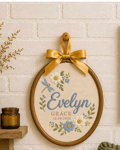 Personalized Embroidered Name Ornament, Custom Baby Name and Date Hoop, Floral Nursery Wall Decor, Dragonfly Newborn Keepsake Gift