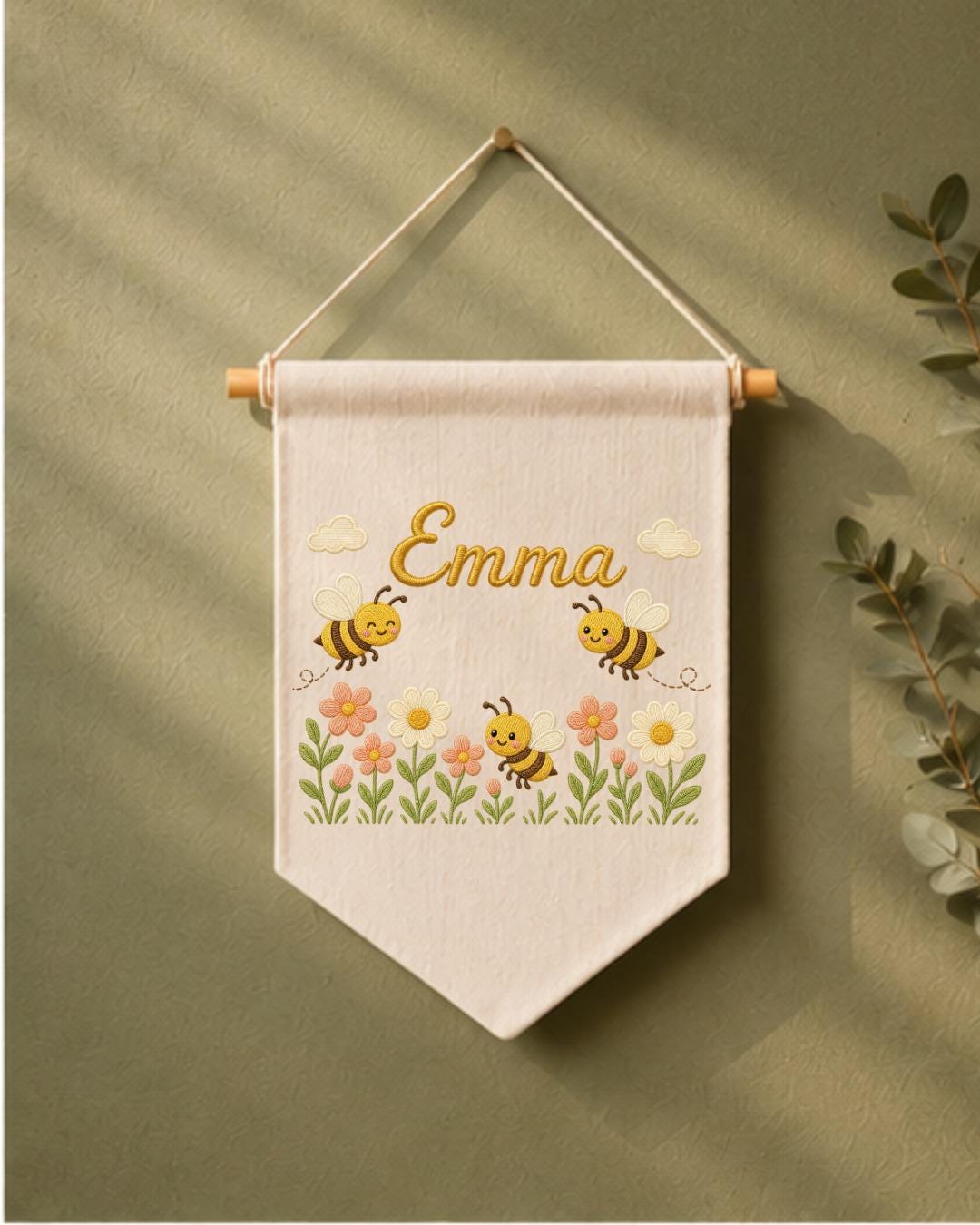 Personalized Bee Nursery Wall Hanging, Custom Name Embroidered Banner, Floral Baby Girl Room Decor, Bumble Bee Nursery Gift