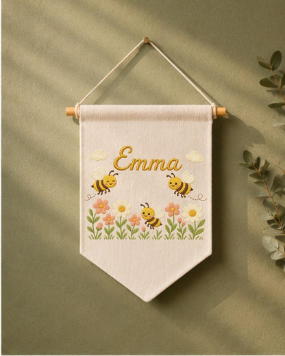 Personalized Bee Nursery Wall Hanging, Custom Name Embroidered Banner, Floral Baby Girl Room Decor, Bumble Bee Nursery Gift