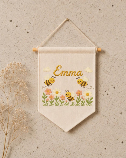 Personalized Bee Nursery Wall Hanging, Custom Name Embroidered Banner, Floral Baby Girl Room Decor, Bumble Bee Nursery Gift