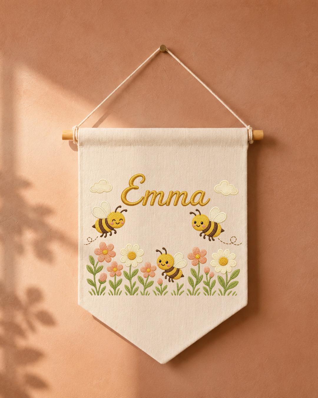 Personalized Bee Nursery Wall Hanging, Custom Name Embroidered Banner, Floral Baby Girl Room Decor, Bumble Bee Nursery Gift