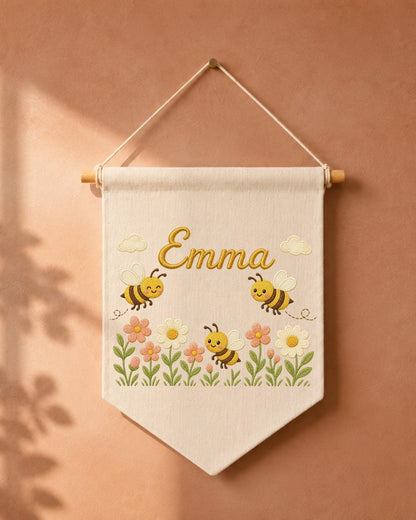 Personalized Bee Nursery Wall Hanging, Custom Name Embroidered Banner, Floral Baby Girl Room Decor, Bumble Bee Nursery Gift