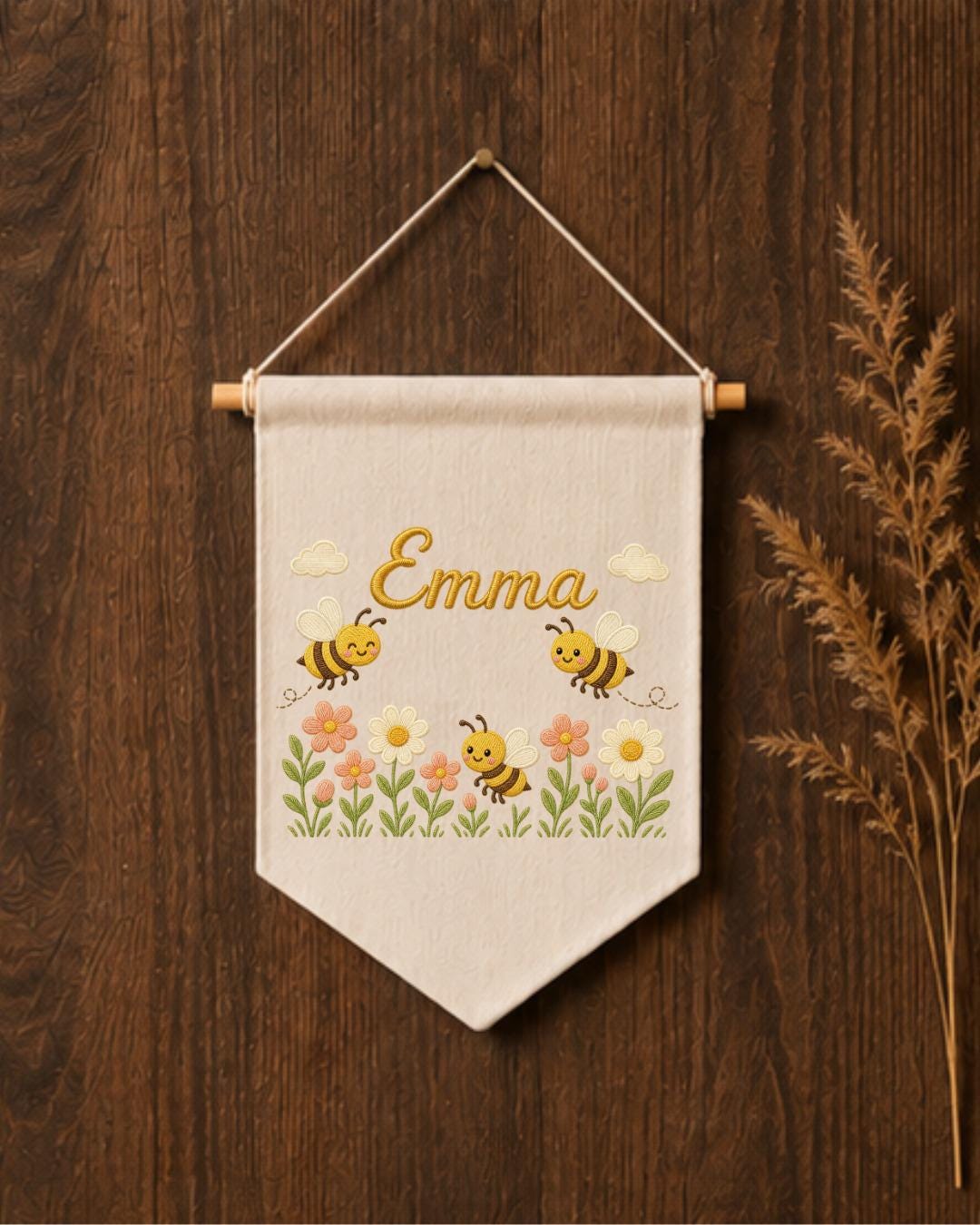 Personalized Bee Nursery Wall Hanging, Custom Name Embroidered Banner, Floral Baby Girl Room Decor, Bumble Bee Nursery Gift