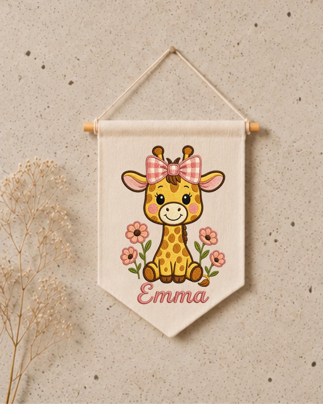 Personalized Giraffe Nursery Wall Hanging, Custom Name Embroidered Banner, Floral Baby Girl Room Decor, Safari Nursery Gift