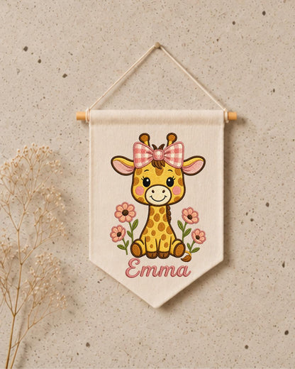 Personalized Giraffe Nursery Wall Hanging, Custom Name Embroidered Banner, Floral Baby Girl Room Decor, Safari Nursery Gift