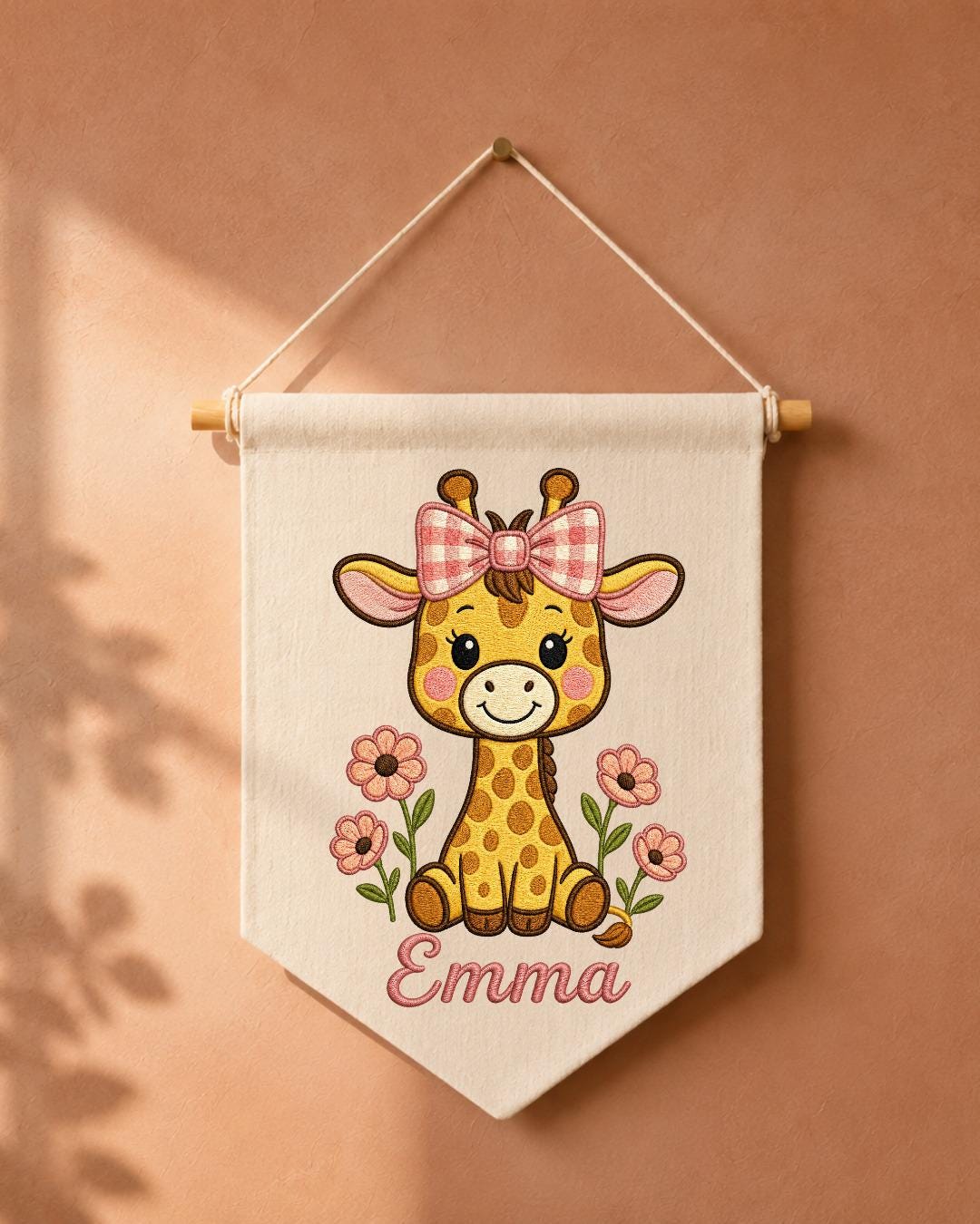 Personalized Giraffe Nursery Wall Hanging, Custom Name Embroidered Banner, Floral Baby Girl Room Decor, Safari Nursery Gift