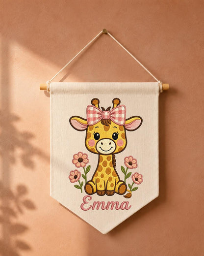 Personalized Giraffe Nursery Wall Hanging, Custom Name Embroidered Banner, Floral Baby Girl Room Decor, Safari Nursery Gift