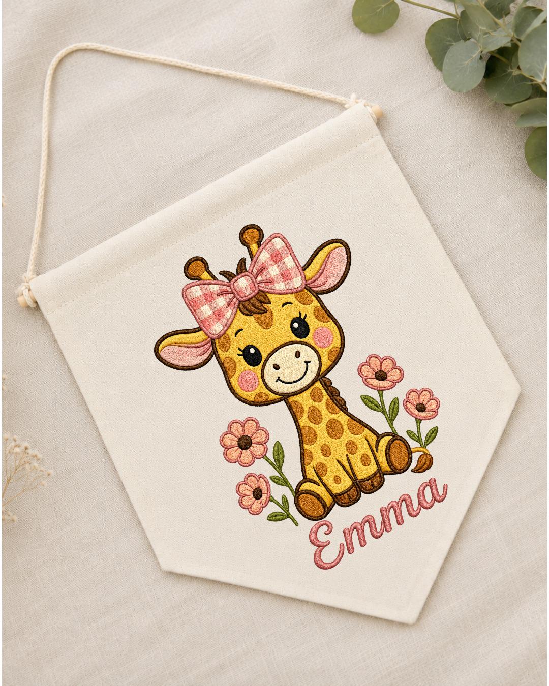Personalized Giraffe Nursery Wall Hanging, Custom Name Embroidered Banner, Floral Baby Girl Room Decor, Safari Nursery Gift