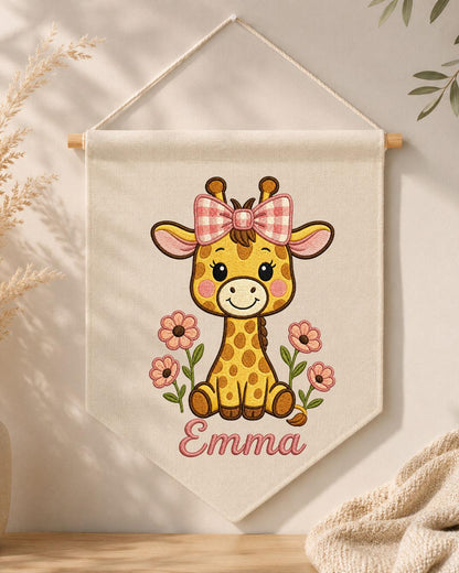 Personalized Giraffe Nursery Wall Hanging, Custom Name Embroidered Banner, Floral Baby Girl Room Decor, Safari Nursery Gift